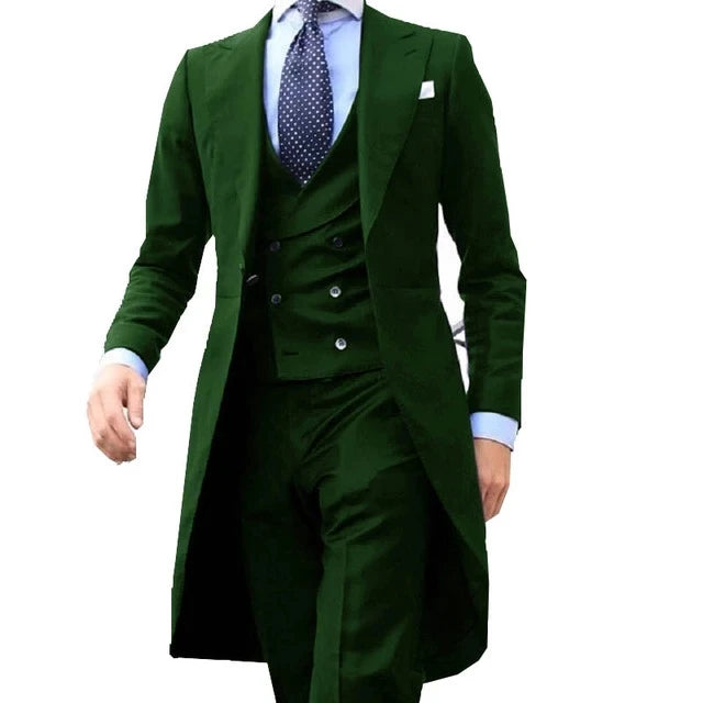 Army green men's tuxedo 3-piece suit with jacket, vest, and pants, perfect for wedding, formal, or prom occasions.