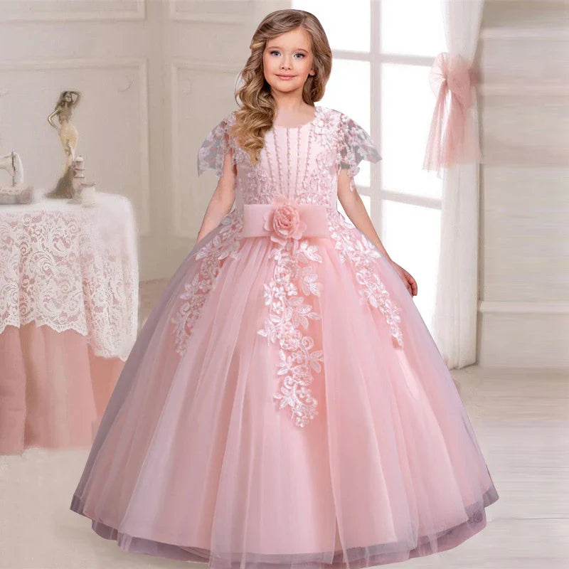 LJW Girls pearl sequin princess dress with off-shoulder design, evening ball gown in pink with sparkling embellishments.