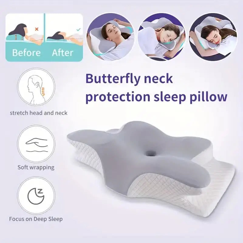 Showlu Memory Foam Butterfly Cervical Pillow for neck pain relief, featuring ergonomic design and soft, supportive material.