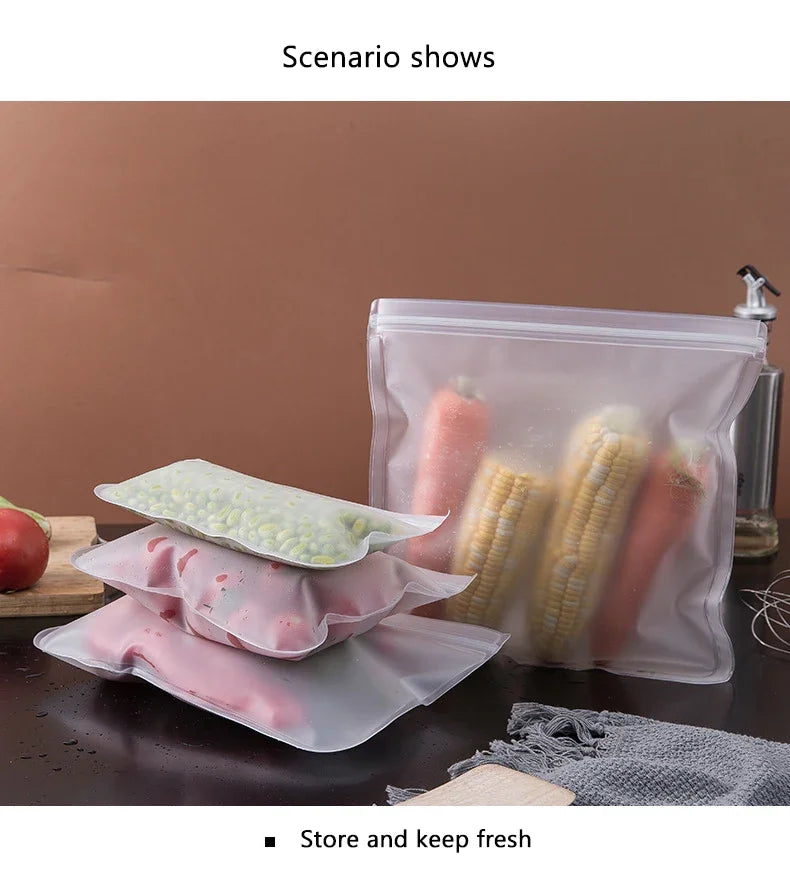Reusable food storage bags by Showlu Smart General, featuring clear silicone material and resealable zipper closures.