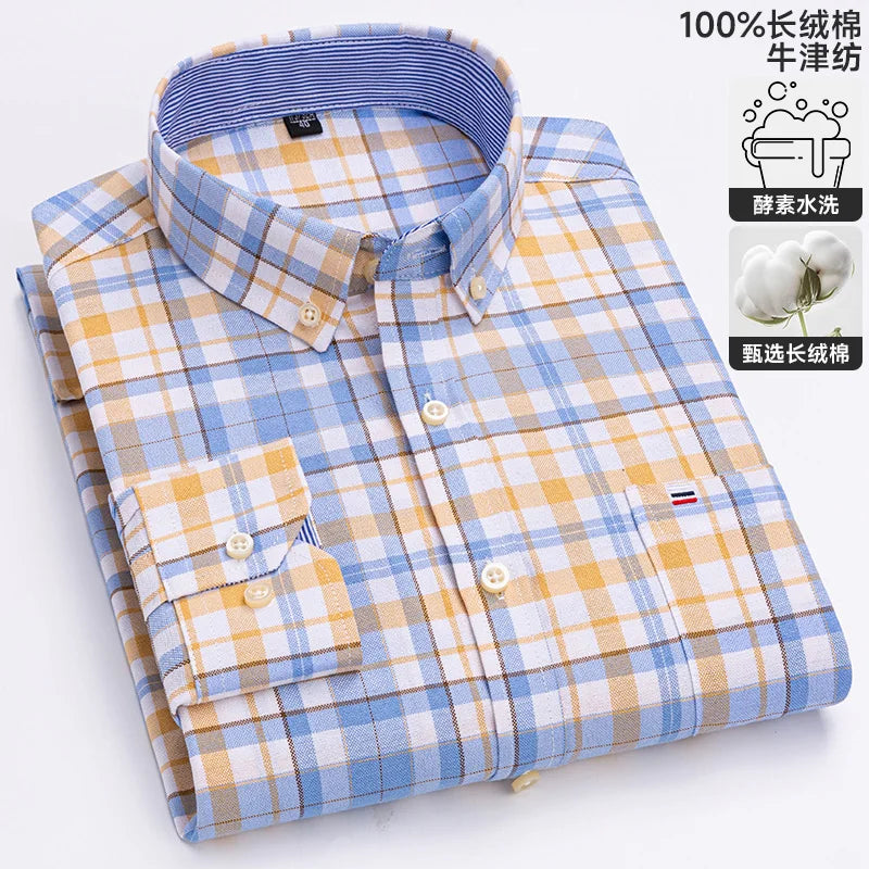 Long sleeve men's plaid Oxford shirt in 100% pure cotton with a soft, regular fit, available in 6XL and 7XL sizes.