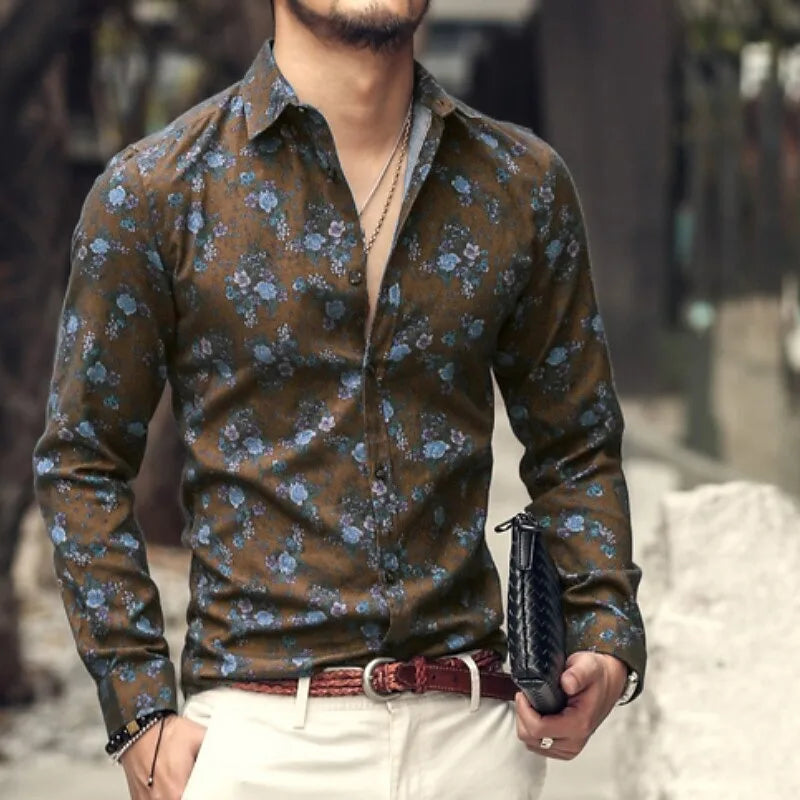 Men's 3D printed long sleeve Hawaiian shirt with floral design, comfortable fit, from Showlu Fashion Store