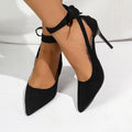 Showlu Women's suede high heels with round toe stiletto design, suitable for office and party occasions.