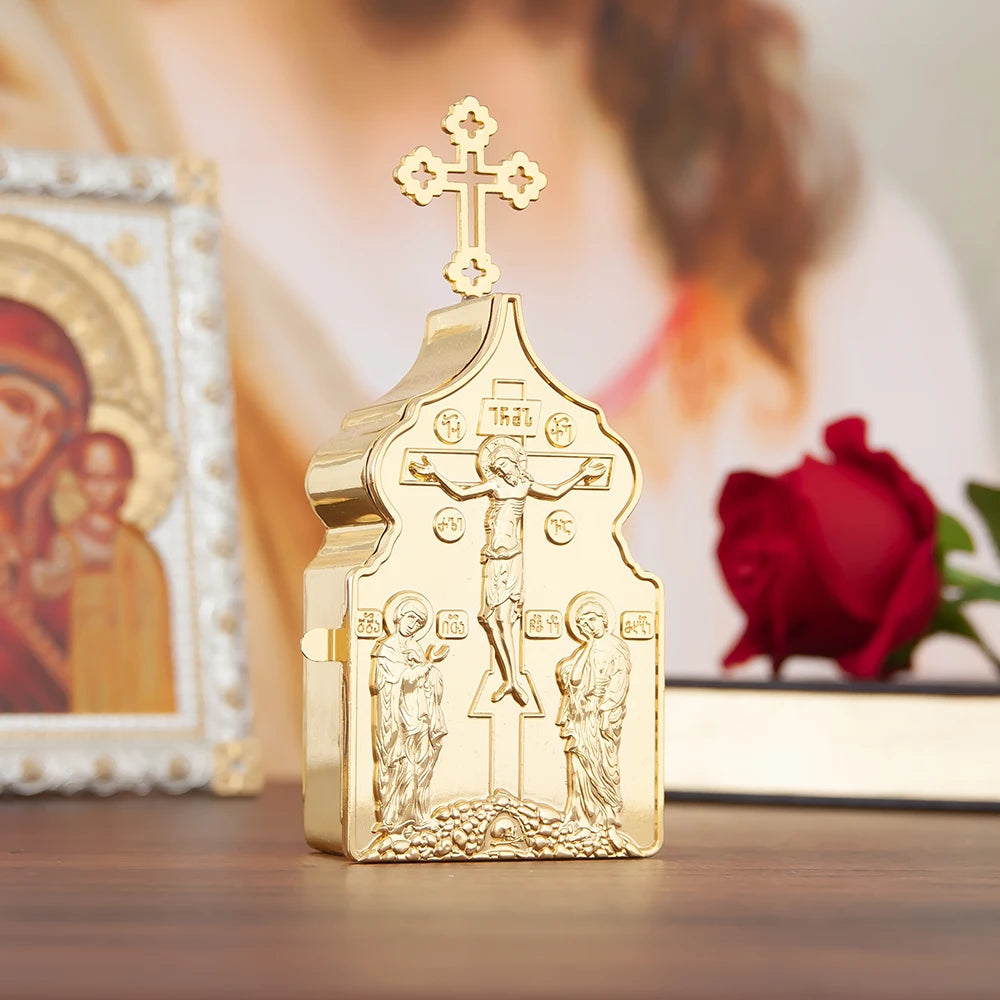 Metal Jesus Crucifix Set with Bible box, rosary, and candle decor, featuring detailed religious symbols and craftsmanship.