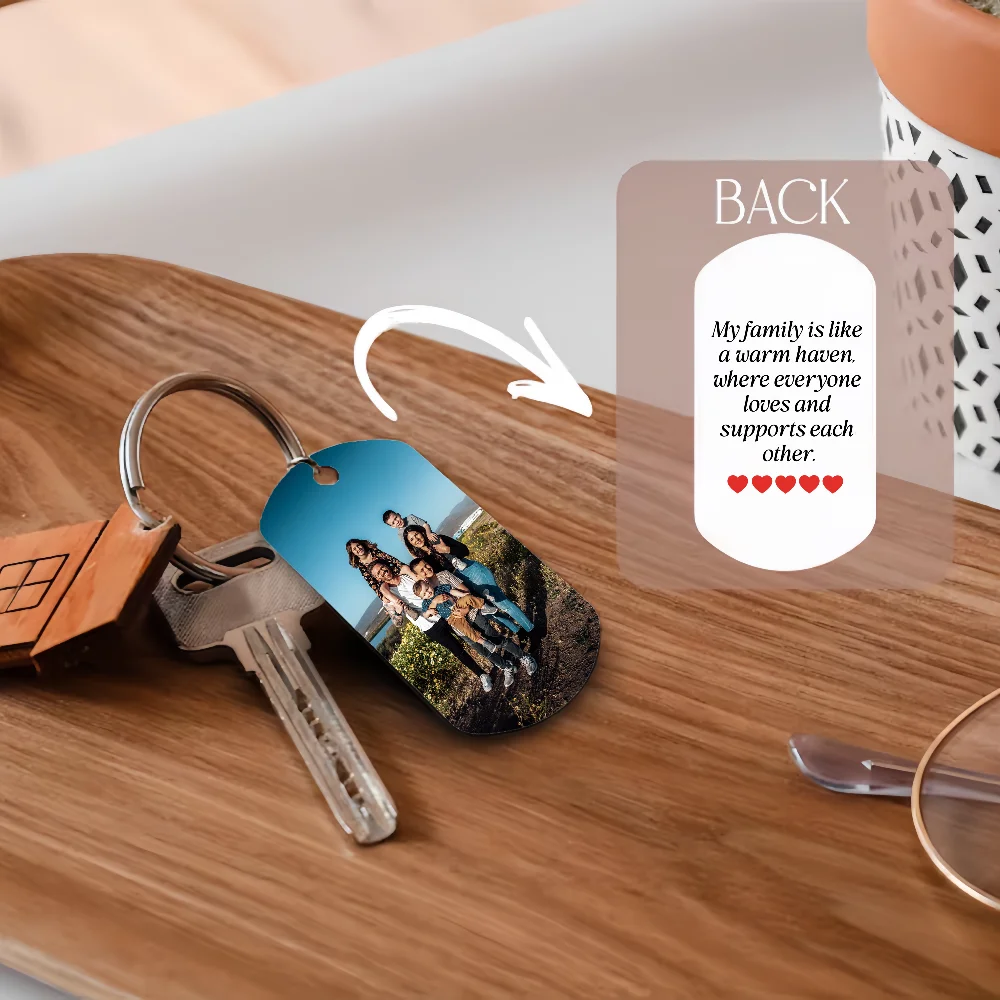 Personalized couple keychain with custom photo, showing a metallic keyring and a photo insert featuring a couple's picture.
