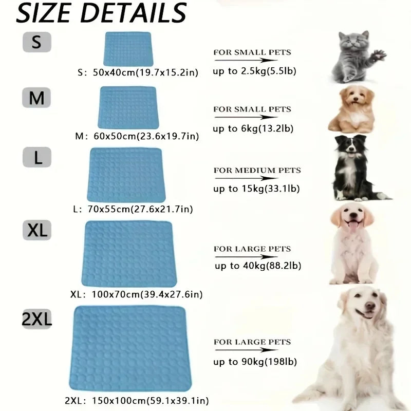 Breathable summer pet ice pad cooling dog and cat cushion with washable, durable ice silk material for comfortable outdoor or home use.