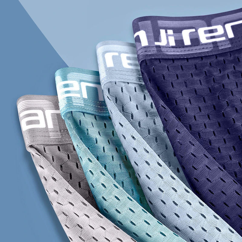 Showlu men's ice silk boxer shorts featuring breathable mesh polyester fabric, designed for comfort and lightweight wear.