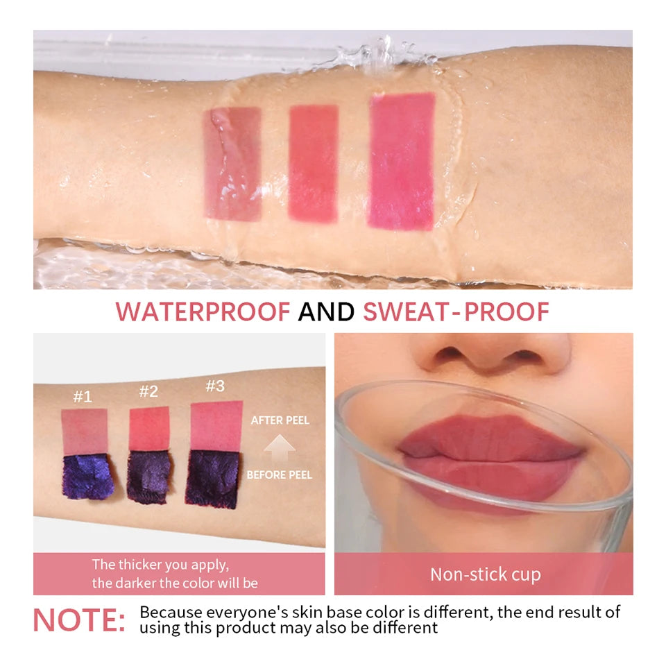 Showlu Smart General waterproof peel-off lip stain in deep red, showcasing a vibrant, glossy lip look with the tint applied.