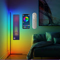 Showlu Smart RGB corner floor lamp with music sync feature, showcasing colorful lighting and modern design in a living room setting.