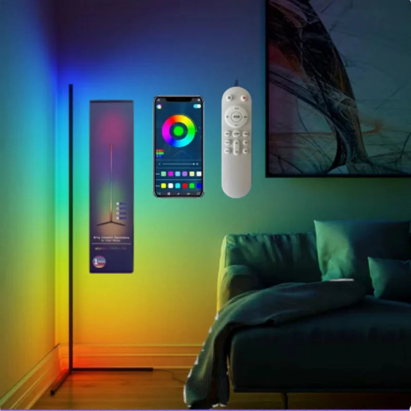 Showlu Smart RGB corner floor lamp with music sync feature, showcasing colorful lighting and modern design in a living room setting.