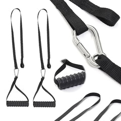 A pair of black nylon exercise handles with ribbed grips and metal carabiners for gym equipment.