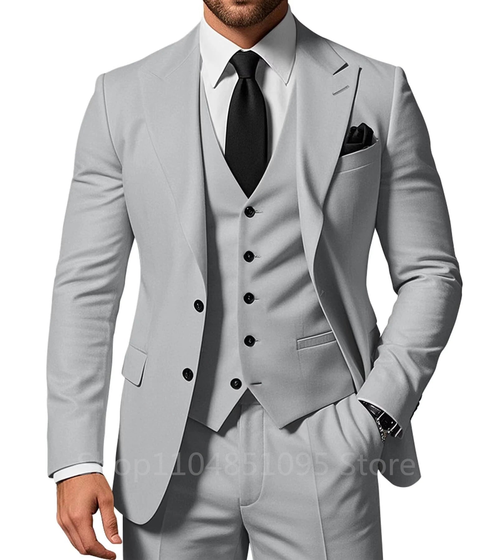 Three-piece men's wedding suit set with peak lapel jacket, pants, and vest, classic formal attire for groom or prom by Showlu Fashion