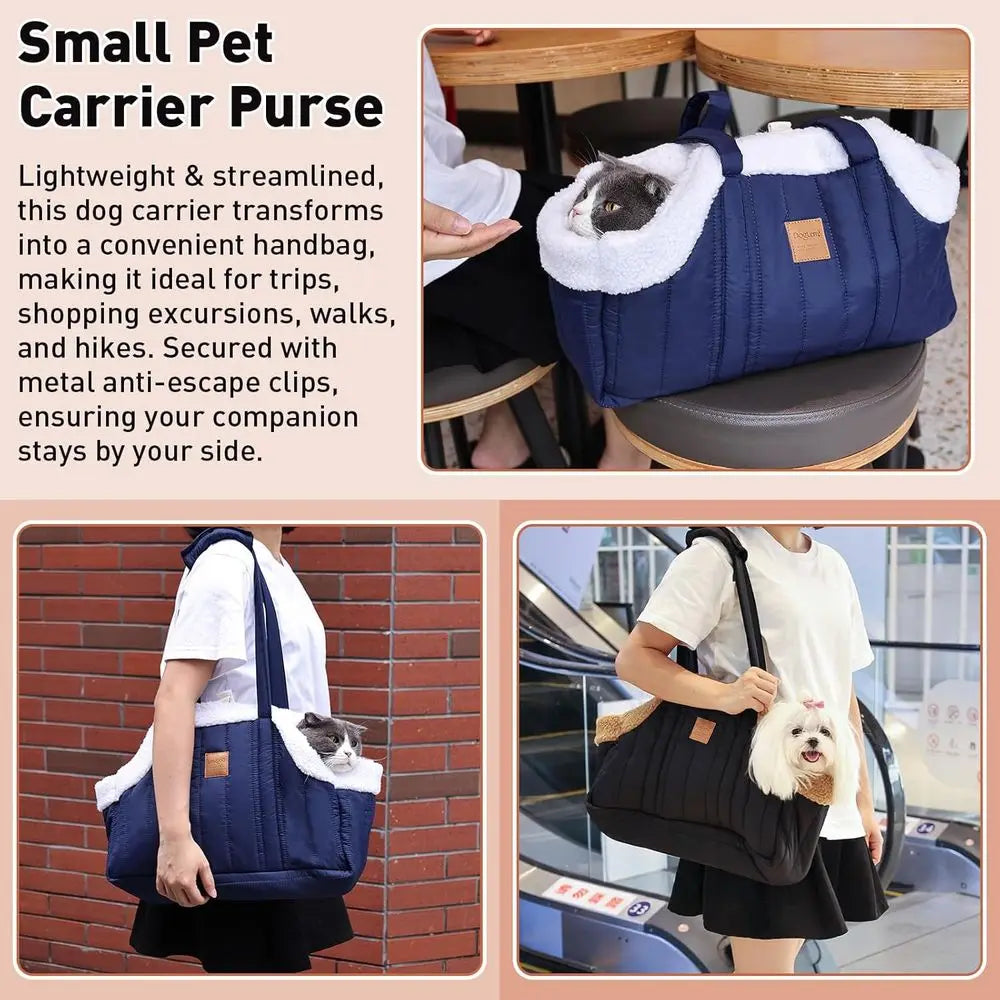 Showlu Waterproof Dog Tote Bag Carrier with secure harness clip, featuring a compact design perfect for carrying small pets.