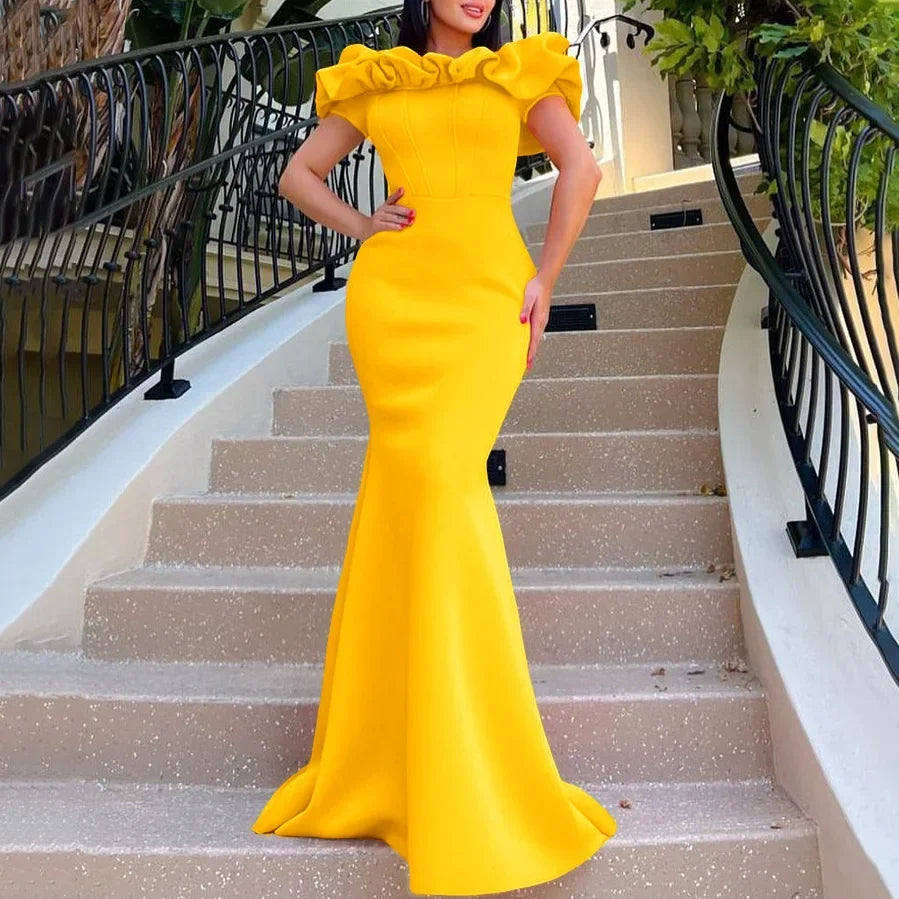 Elegant off-the-shoulder long mermaid dress for women, floor-length luxury evening gown with short sleeves for special occasions