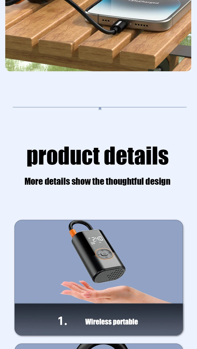 Showlu Smart General portable digital air compressor tire inflator with digital display and wireless 12V operation in a compact design.