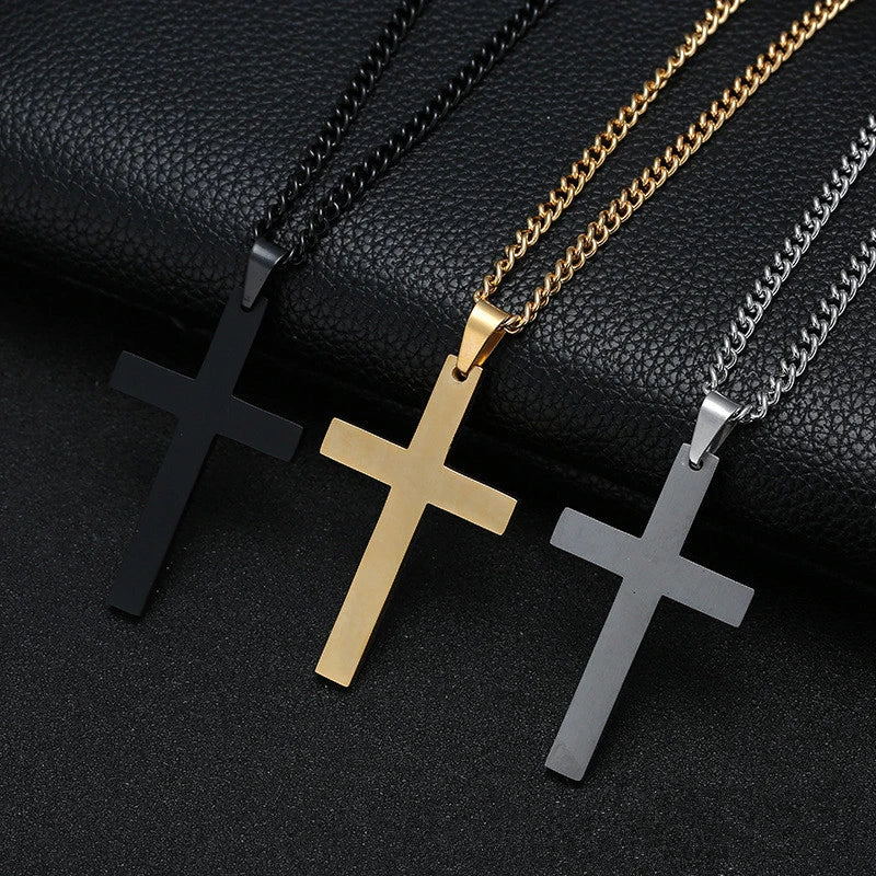 Showlu stainless steel cross pendant necklace with punk hip hop link chain, featuring a sleek, modern design and durable metal construction.