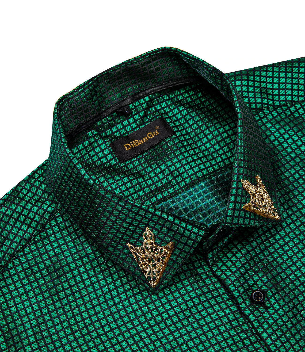 Men's patterned brocade shirt with gold crown collar accents, luxurious formal wear for galas and weddings by Showlu Fashion.