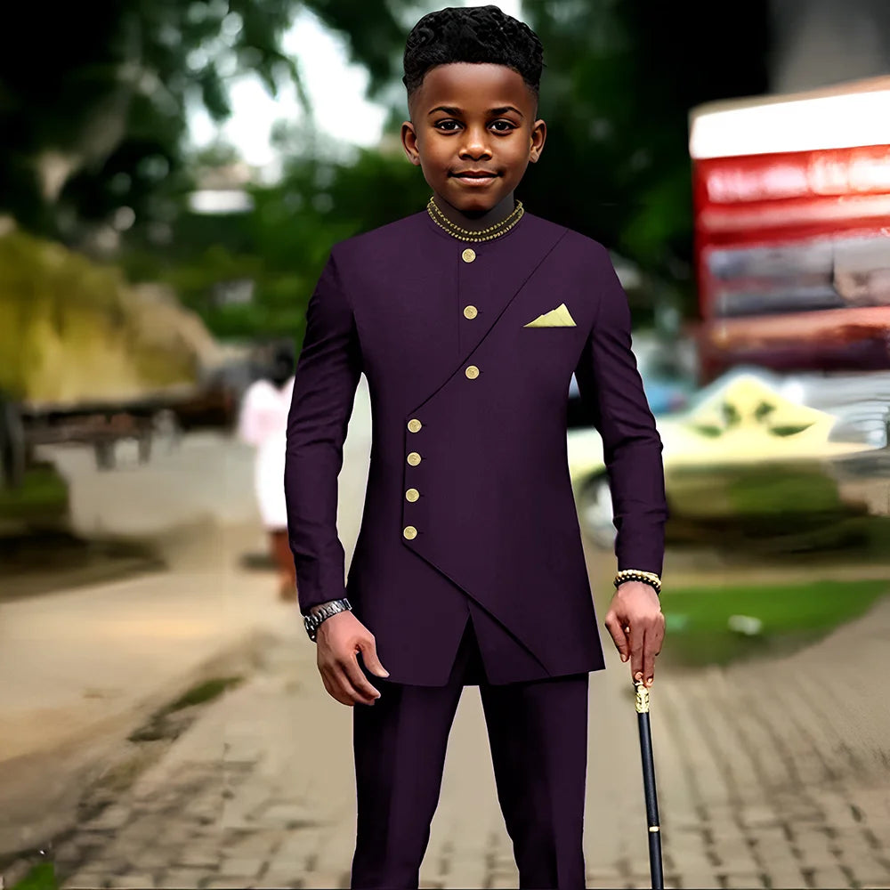 African boys' 2-piece suit with jacket and pants, suitable for party or wedding, by Showlu Fashion for ages 2-16.