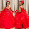Red African flower girl princess birthday dress by 1170uf-he, featuring vibrant floral embroidery and a flowing tulle skirt.