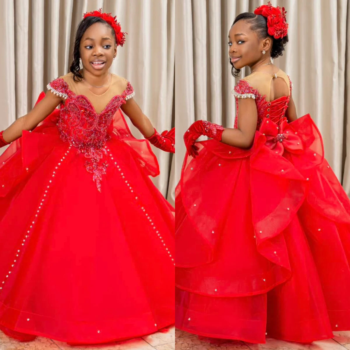 Custom red African flower girl princess birthday dress with floral embellishments and tulle skirt, designed for special occasions.