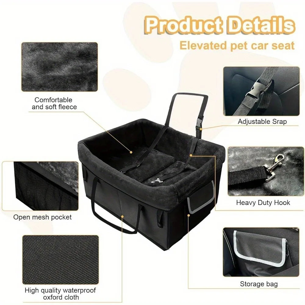 Showlu Portable Dog Booster Seat in heavy-duty nylon, designed for small dogs, placed inside a car for secure travel.