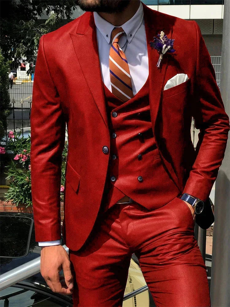 Dark blue SHOWLU men's 3-piece slim fit suit with cotton fabric, includes jacket, vest, and trousers, suitable for weddings and formal events.