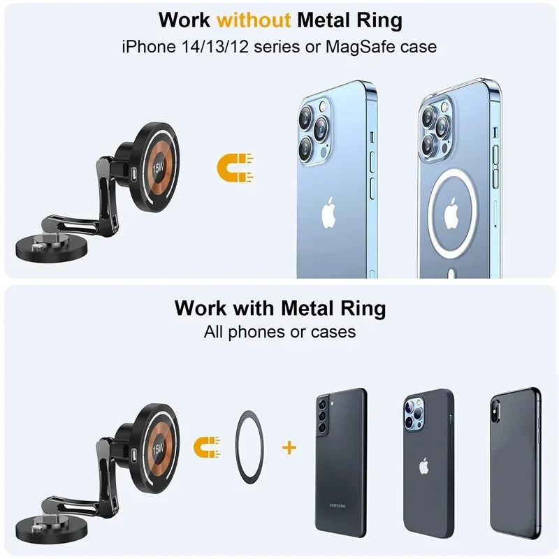 Showlu Smart wireless magnetic car phone holder with 15W charging, mounted on dashboard with a smartphone attached.