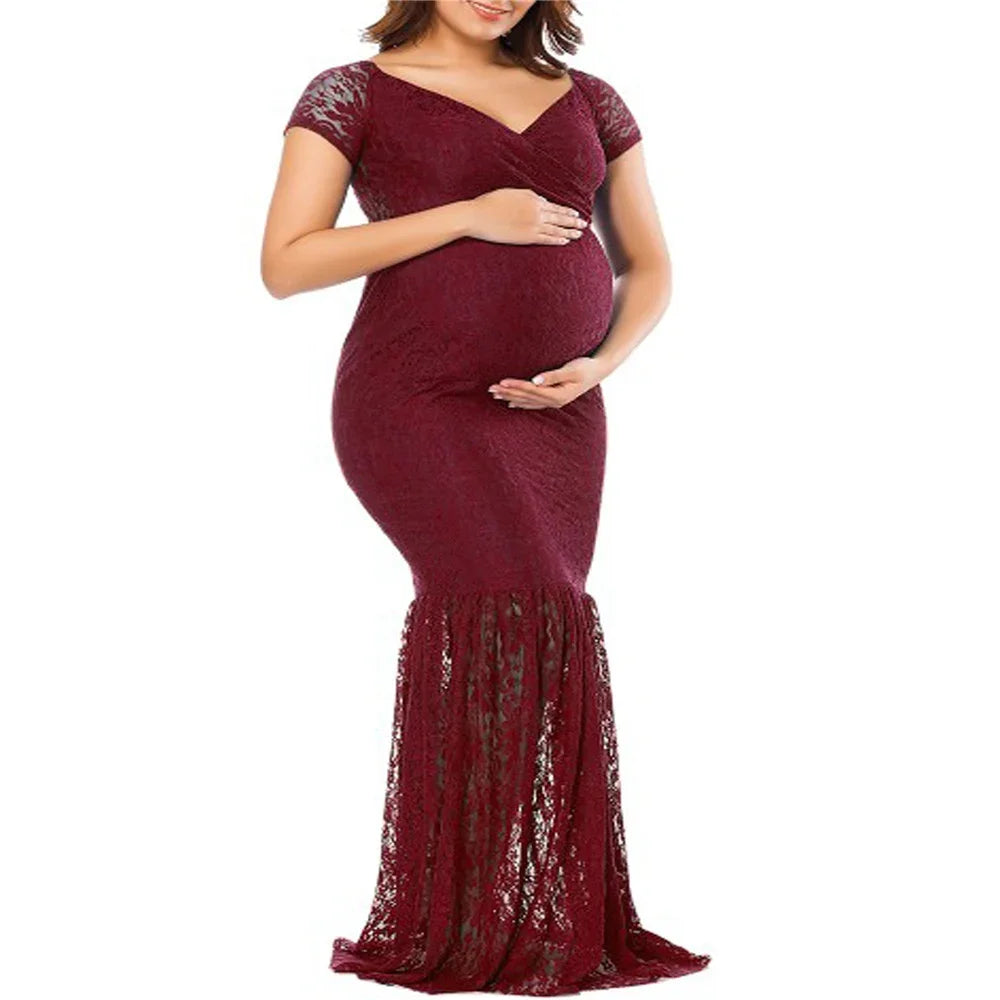 Wheat and turtle lace mermaid maternity dress by SHOWLU FASHION STORE, featuring elegant lace details for photography shoots.