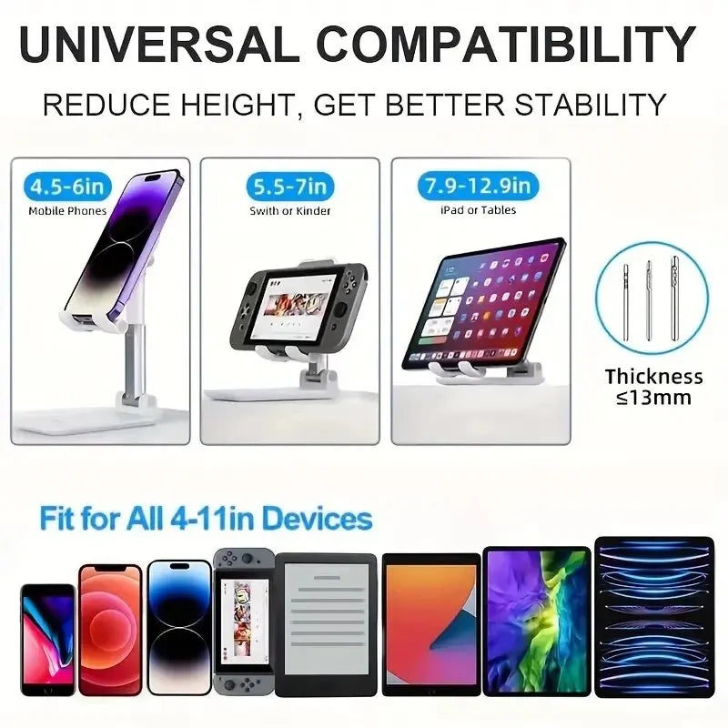 Flexible foldable mobile phone holder stand for tablets, adjustable desktop support, shows a sleek black design on a wooden surface.