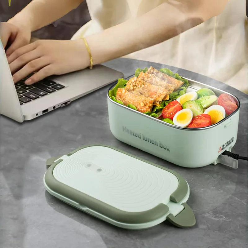 Portable electric lunch box with stainless steel compartments, EU and US plugs, 1L capacity, includes bag and tableware for office.