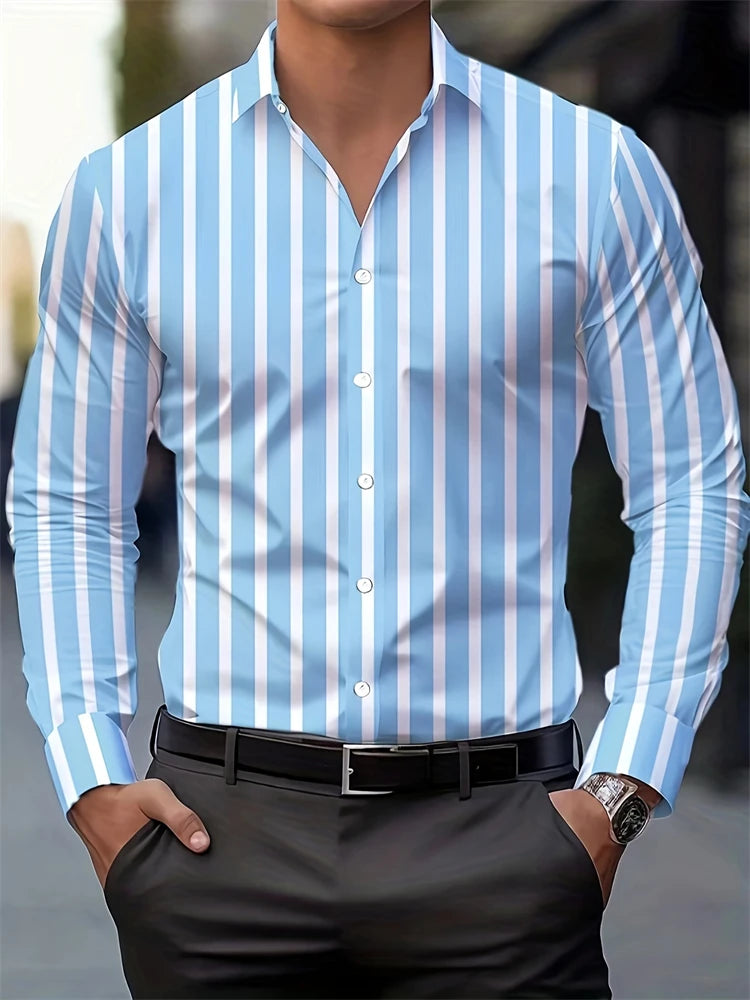 Multicolor striped men's long-sleeved shirt with buttons, lapel, casual style, made of polyester for autumn wear.
