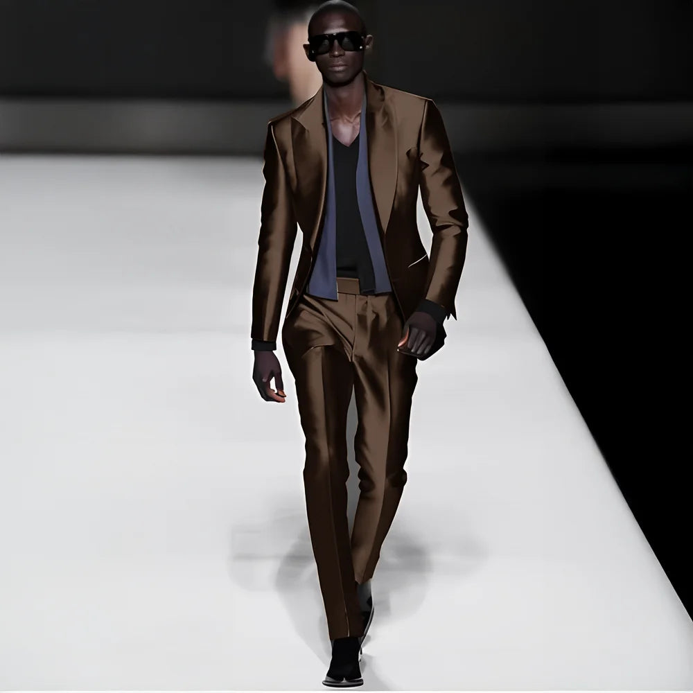 Elegant satin men's 2-piece suit with peak lapel blazer and matching pants, suitable for weddings and formal events.
