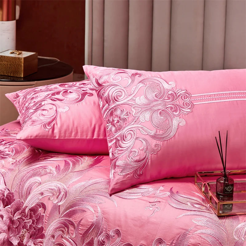 Pink Luxury Chinese Style Wedding Bedding Set Satin Jacquard Egyptian Cotton Peony Embroidery Duvet Cover Bed Sheet Pillowcases