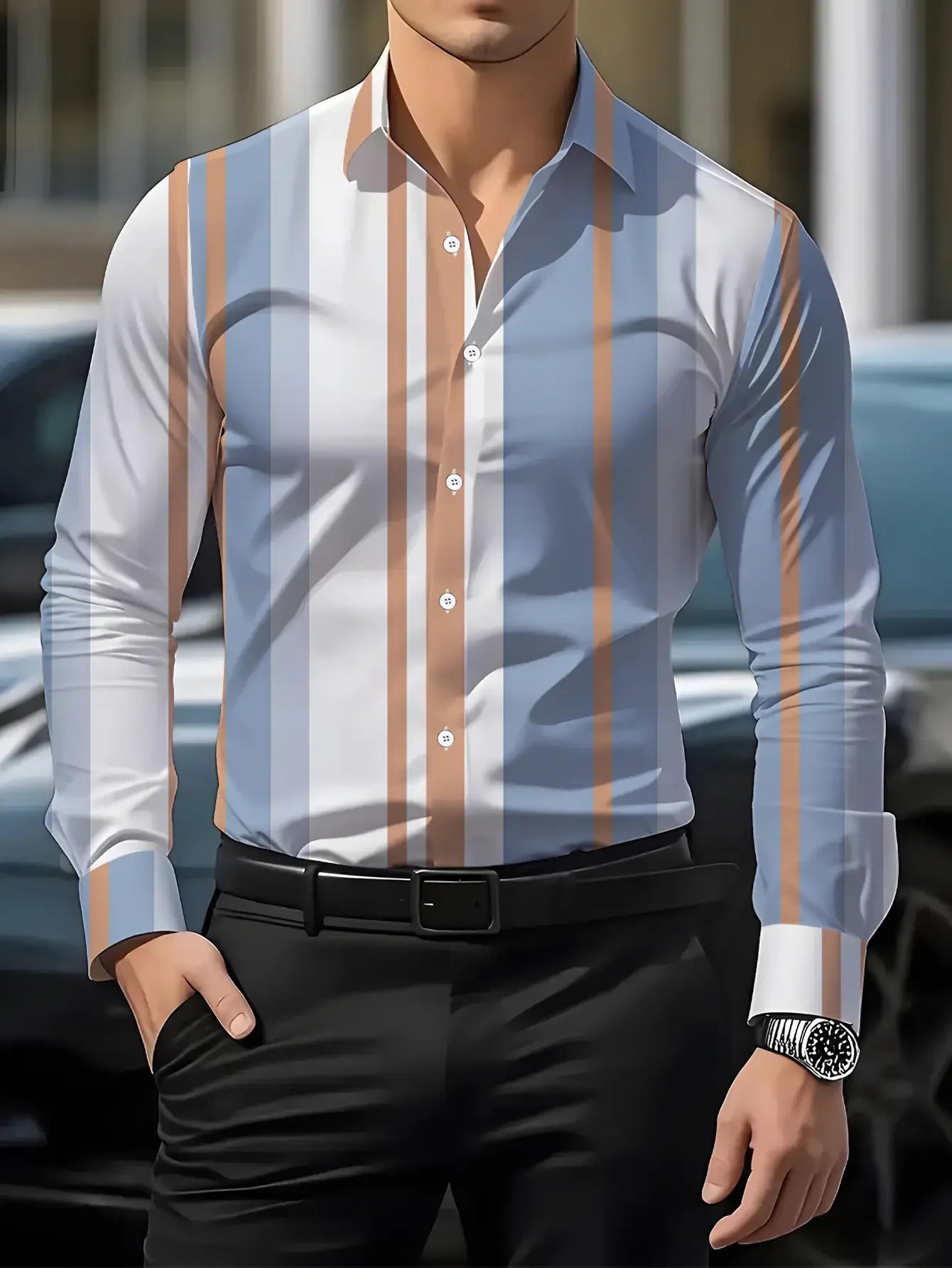 Showlu men's vertical striped long sleeve casual shirt made of polyester with a stylish printed design.