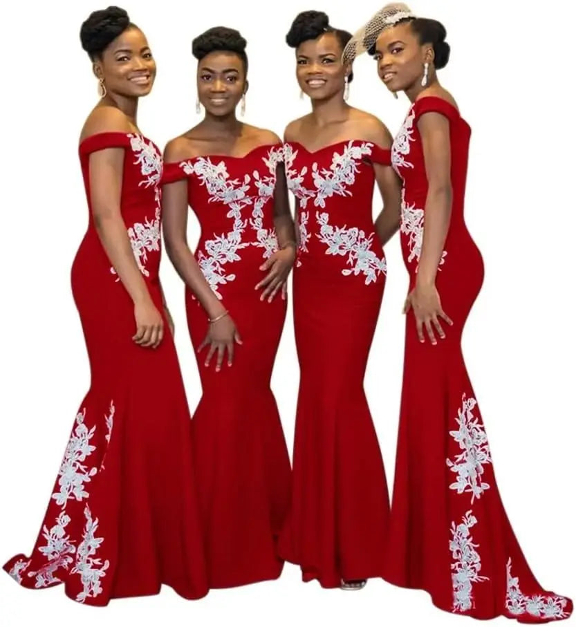 Burgundy JC&STAR off-the-shoulder mermaid satin bridesmaid dress with fitted silhouette and elegant design.
