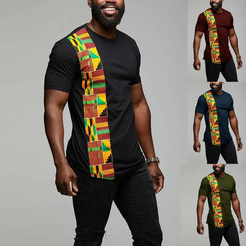 Men's African Kente patchwork T-shirt by SHOWLU FASHION STORE, featuring vibrant Ankara cotton fabric with colorful traditional designs.
