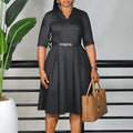 Elegant office dress for women with V-neck, half sleeves, belt, pleated mid-calf length, suitable for professional work settings.