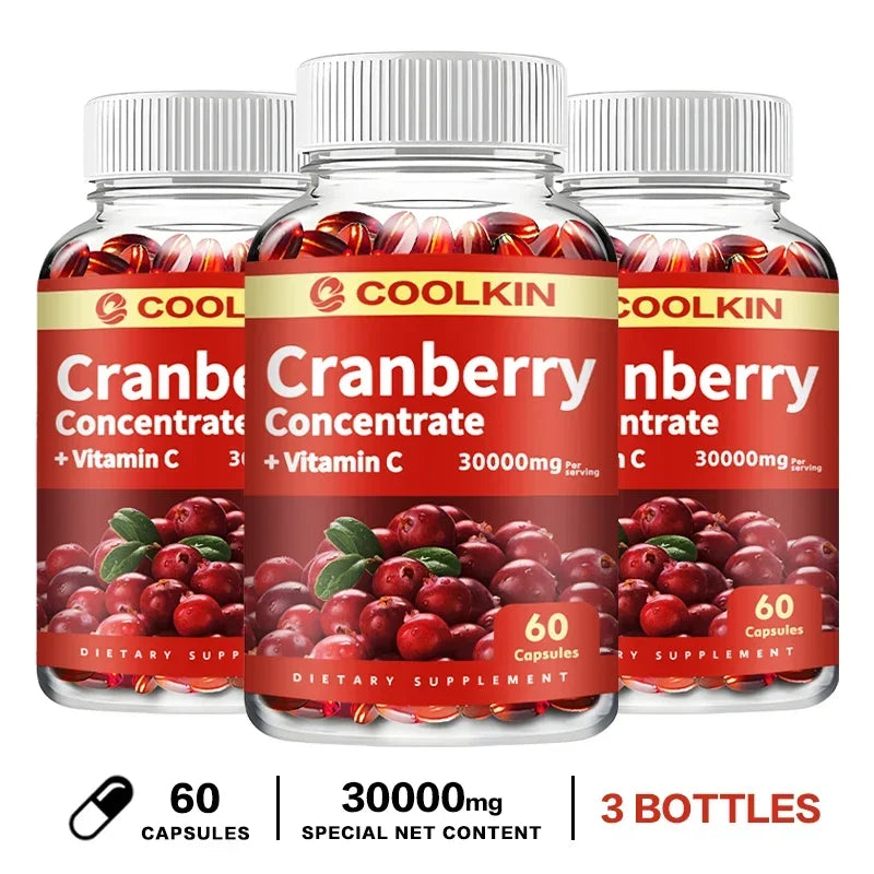 Showlu Fashion Store cranberry supplement for urinary tract, bladder, gut health, immunity with Vitamin C, in a bottle with capsules.