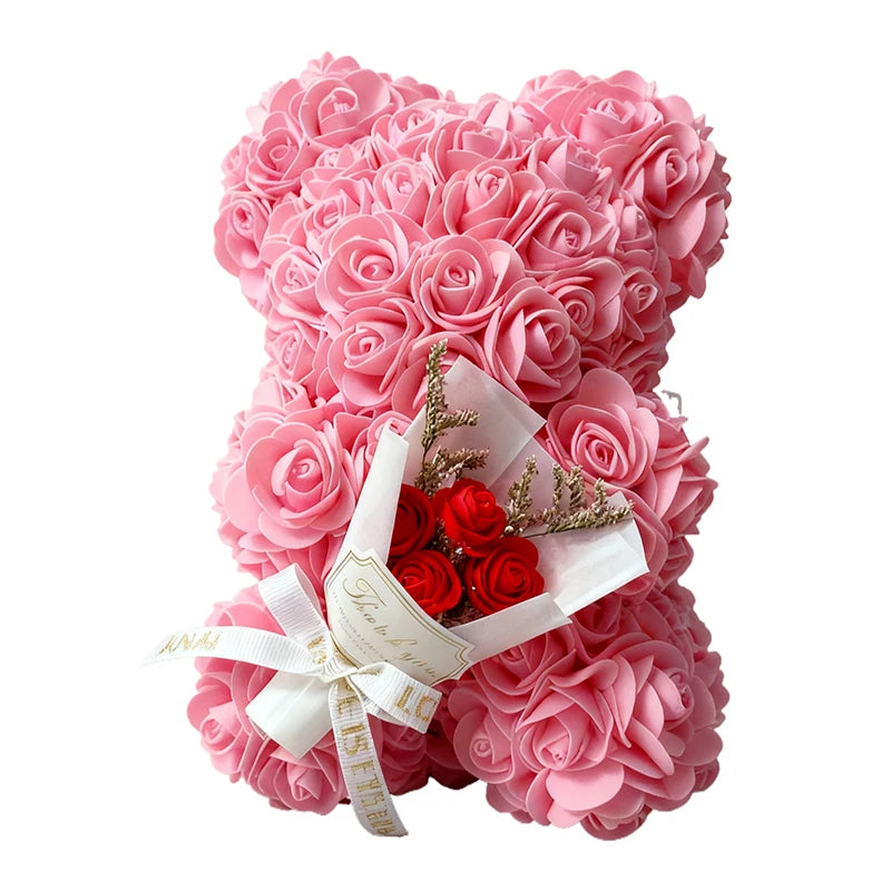 Artificial 25cm rose bear by Showlu Fashion, made of foam flowers, displayed in a gift box for special occasions.