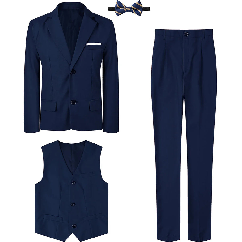 Boy wearing SHOWLU FASHION STORE A&J DESIGN 3-piece formal wedding suit with tuxedo blazer, vest, and matching pants.