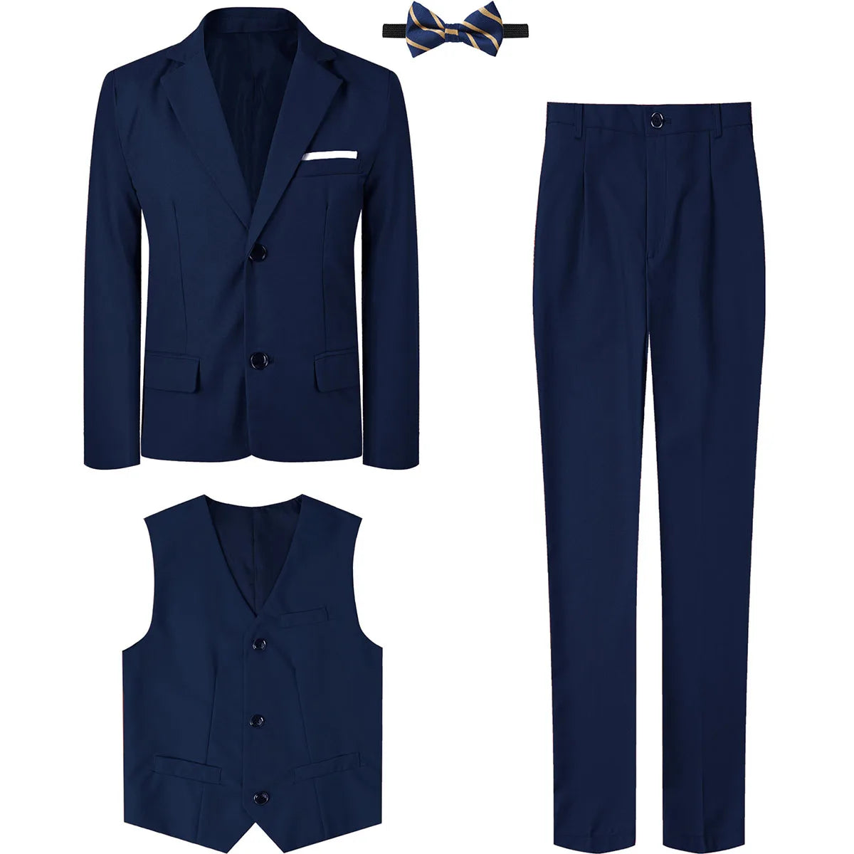 Boy wearing SHOWLU FASHION STORE A&J DESIGN 3-piece formal wedding suit with tuxedo blazer, vest, and matching pants.