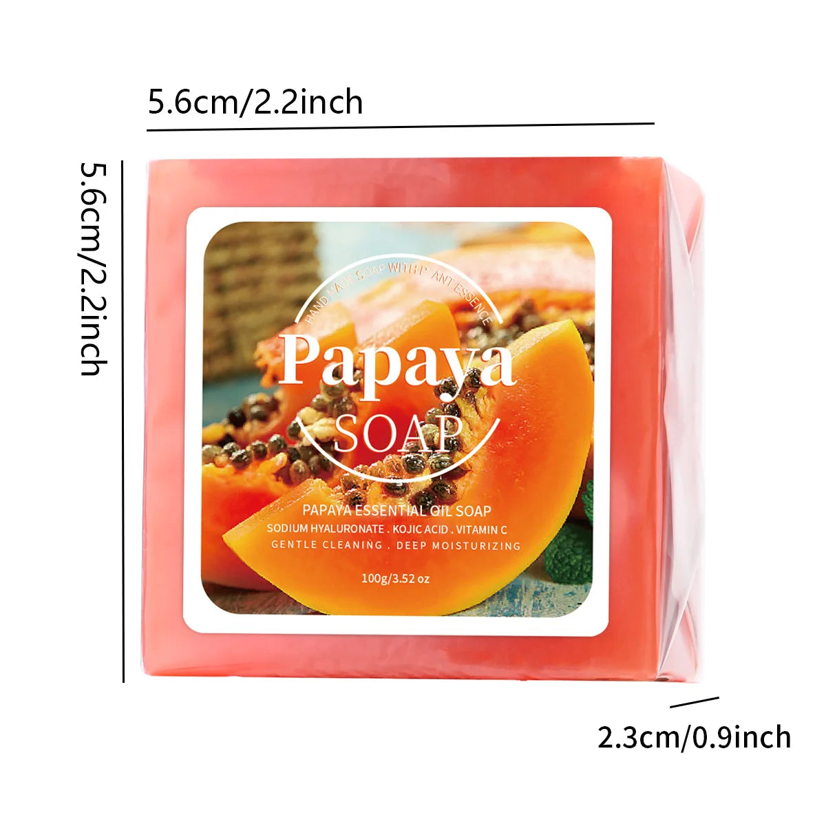 Handmade soap with papaya extract, coconut, and goat milk for deep cleansing and whitening, shown in a 100g bar.