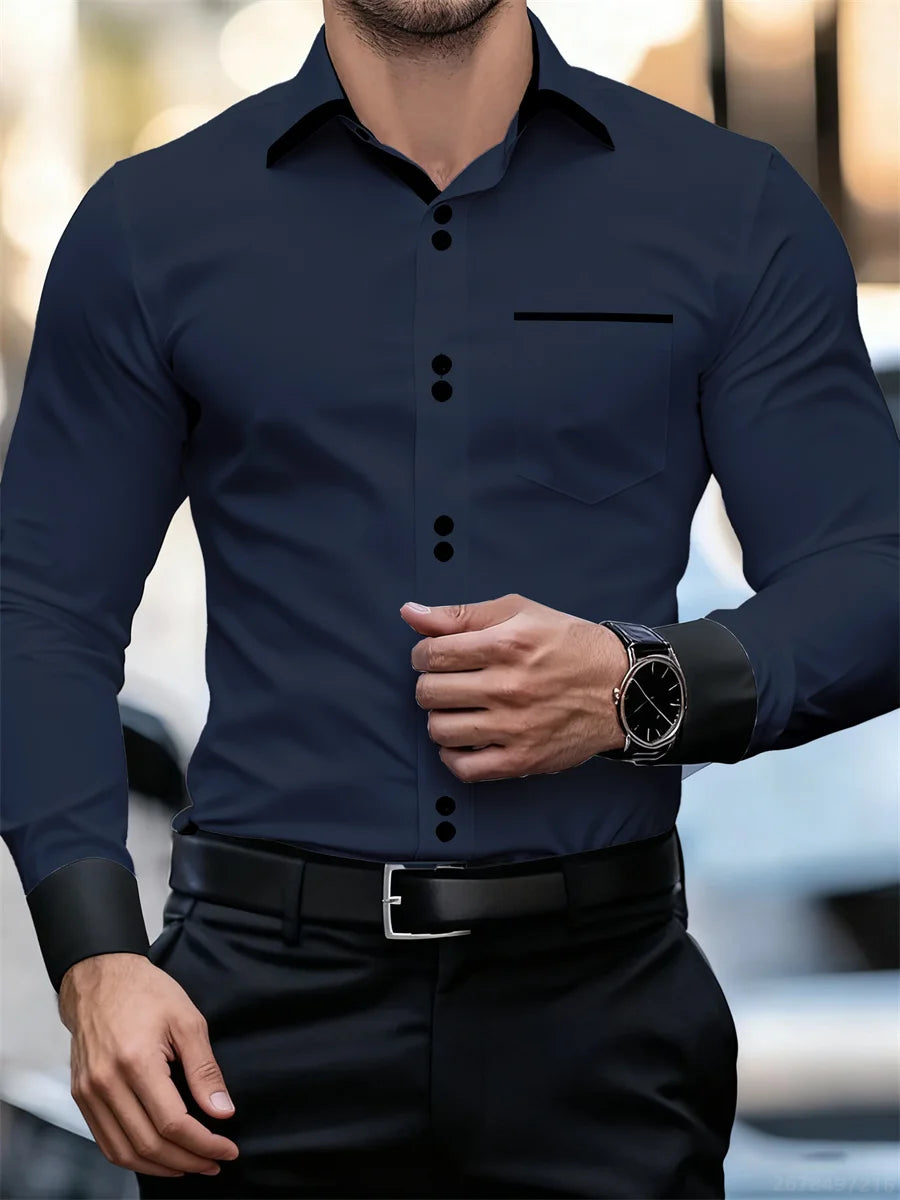 Men's black and white color block collar long sleeve shirt with slim fit, wrinkle-free fabric, featuring patchwork design.