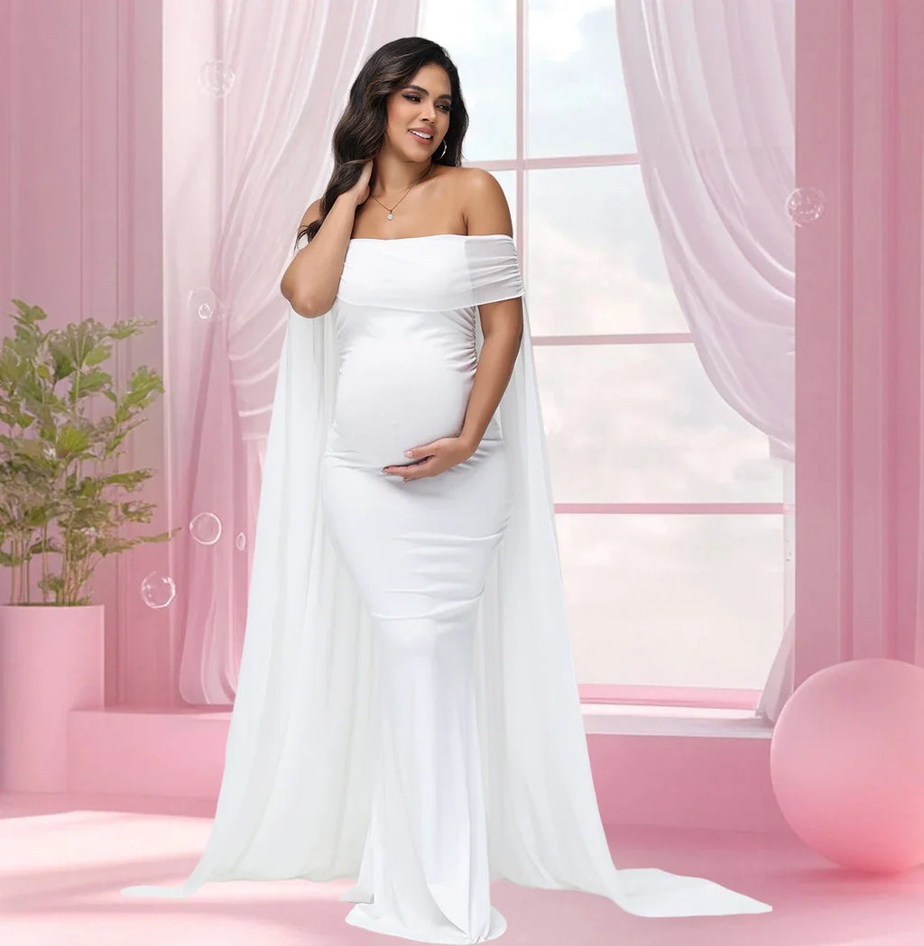 Showlu maternity photography dress in mesh chiffon maxi gown, elegant gown perfect for maternity photoshoots and special occasions.
