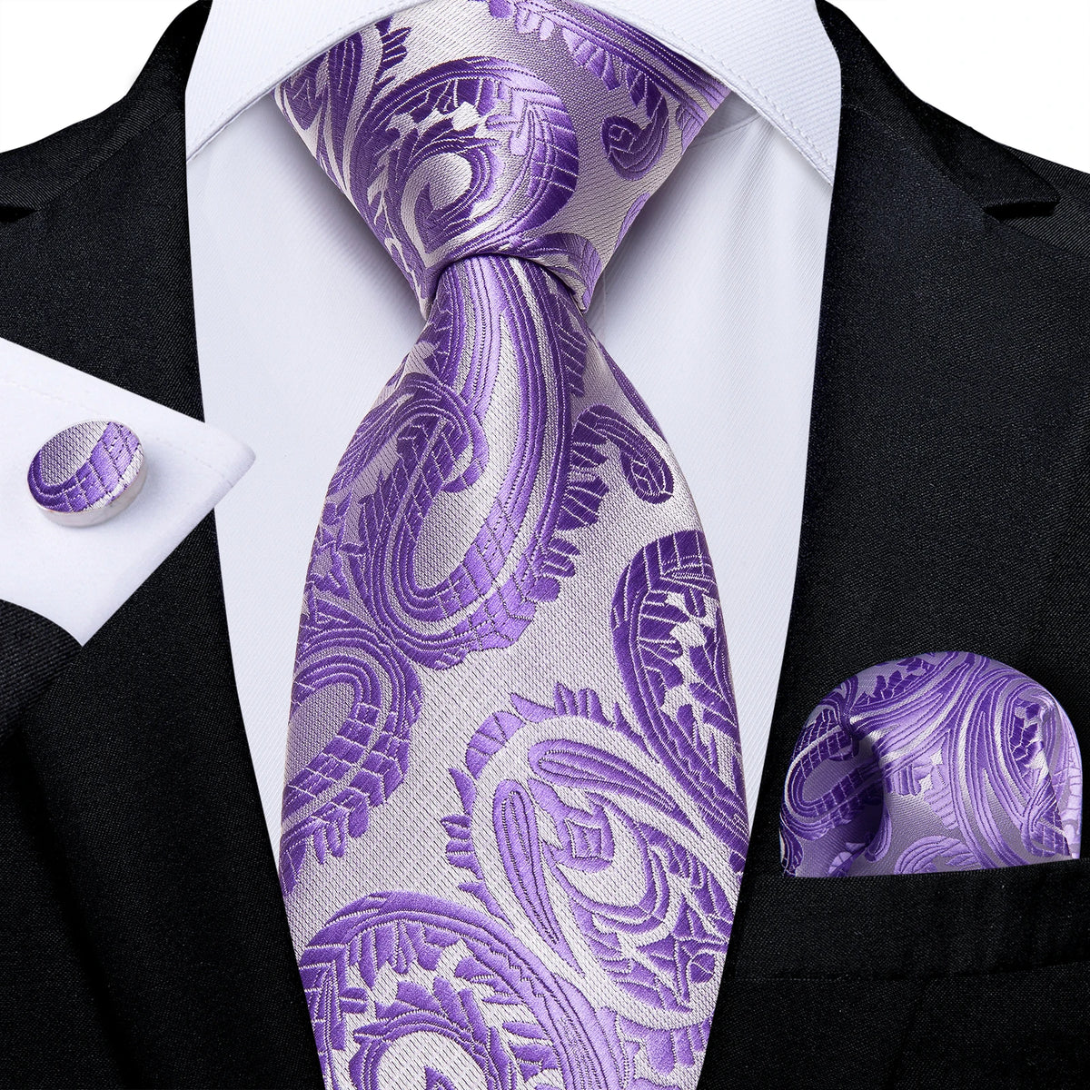 DiBanGu Ties For Men Purple Floral Paisley Necktie Business Formal 100% Silk Tie Pocket Square Set For Wedding Party Cravat