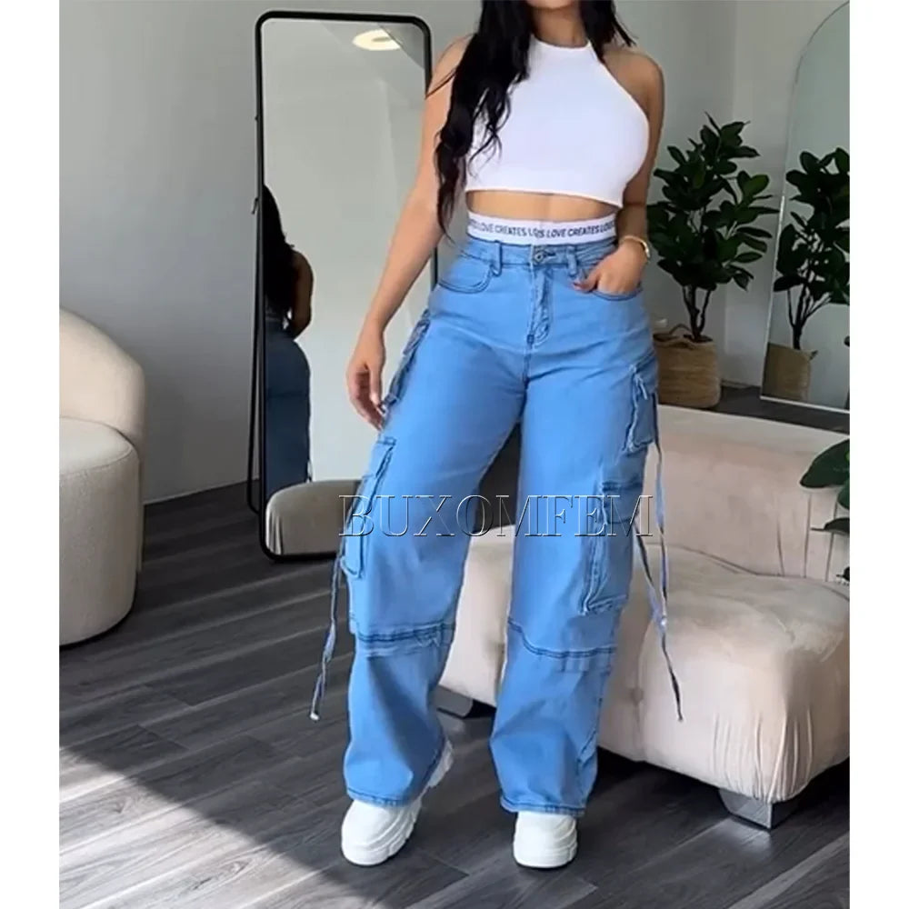 SHOWLU Women's wide-leg jeans featuring retro spliced design, loose streetwear trousers with a stylish, relaxed fit.