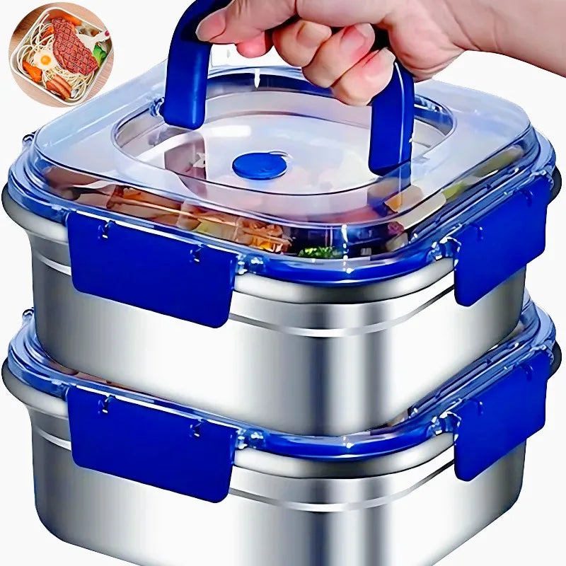 Stainless steel fresh-keeping lunch box with sealed lid for camping, noodles, and fruit storage, suitable for home and refrigerator.