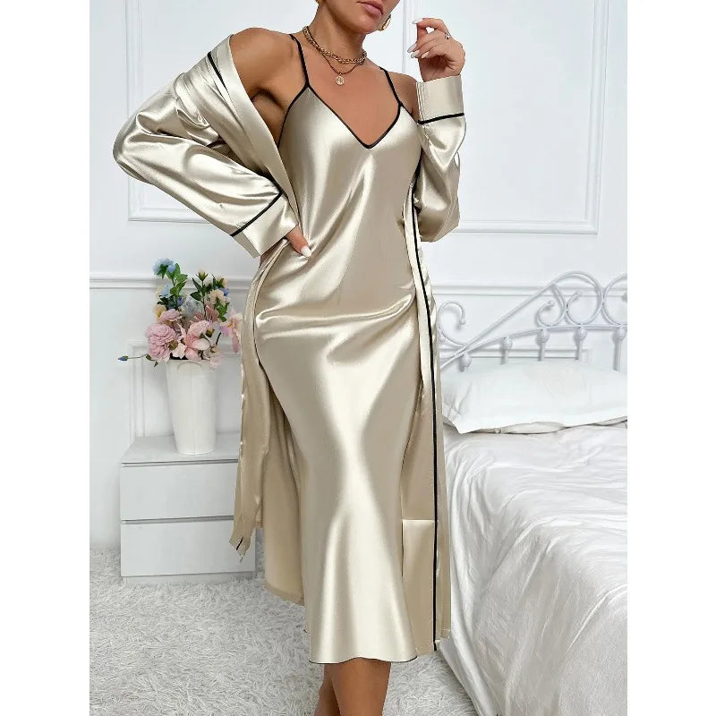 Women's sexy fashion 2-piece pajama set with v-neck slip dress and long robe, comfortable sleepwear by Showlu Fashion Store.