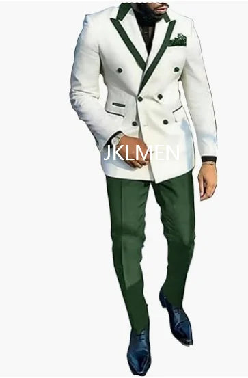 Elegant white double-breasted men's tuxedo with slim fit, top lapel, tailored design, perfect for prom or formal occasions.