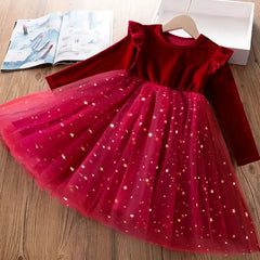 Children Casual Clothes for Autumn Girl Mesh Dress for Long Sleeve 3-8Y Kids Sequin Dress Christms Birthday Party Princess Dress